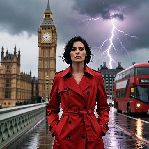 Woman in Red Trench Coat with Lightning Storm at Big Ben London Street