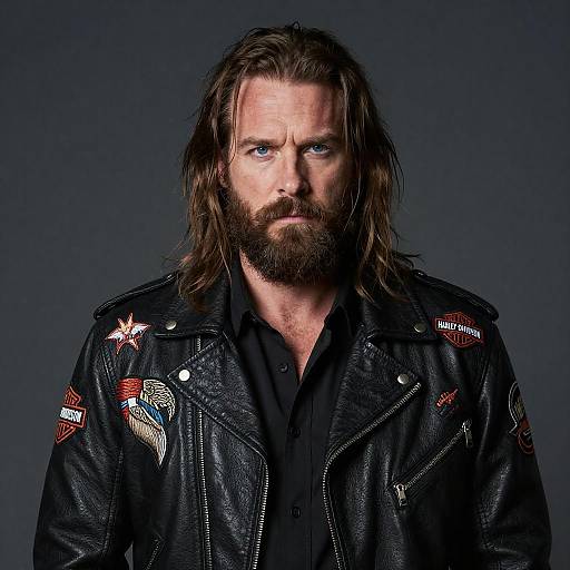 Rebellious Man in Leather Harley-Davidson Biker Jacket with Intense Gaze