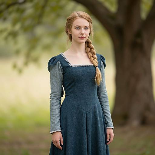 Young Woman in Medieval Style Dress with Braided Hair Outdoors