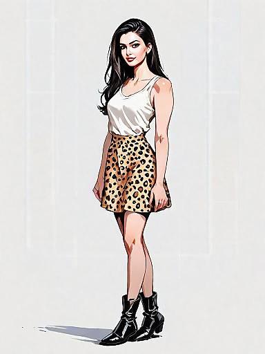 Realistic Comic Style Illustration of Woman in Leopard Print Skirt and White Top
