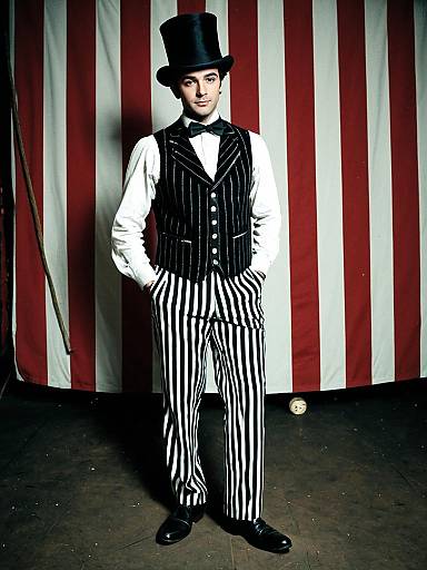 Man in Classic Circus Party Costume with Top Hat and Striped Pants
