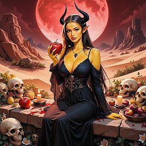Fantasy Woman with Horns in Desert under Red Moon