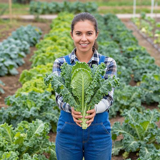 Woman Holding Fresh Kale in Vegetable Garden