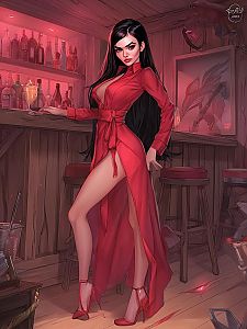Confident Woman in Red Dress at Dimly Lit Bar