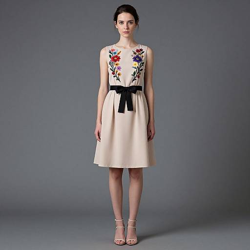 Elegant Beige Dress with Floral Embroidery and Black Bow on Woman