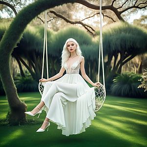 Elegant Woman on Swing in Lush Garden