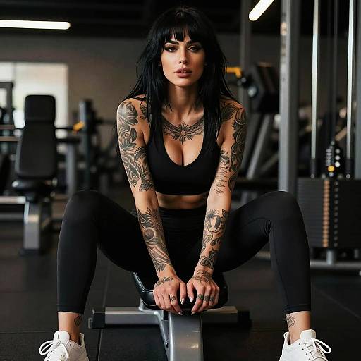 Tattooed Woman in Black Workout Attire Posing on Gym Bench
