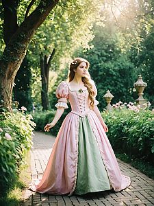 Elegant Woman in Vintage Gown on Garden Path