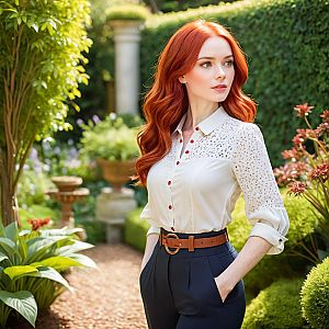 Stylish Woman with Red Hair in Garden