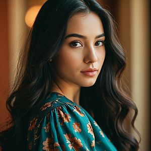 Young Woman in Teal Blouse with Floral Pattern