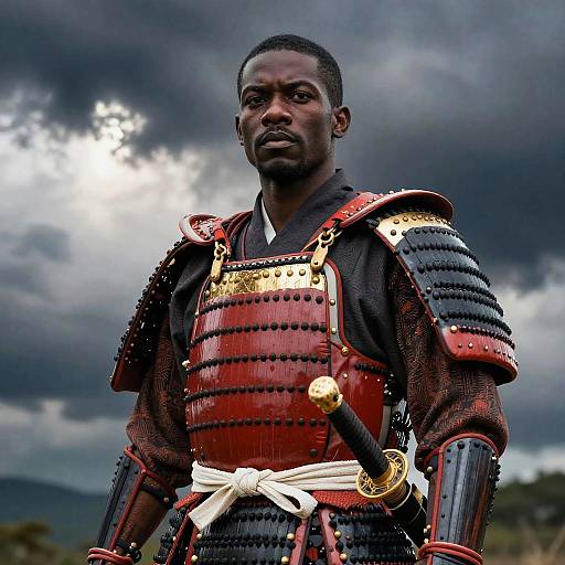 Man Wearing Traditional Japanese Samurai Armor with Sword