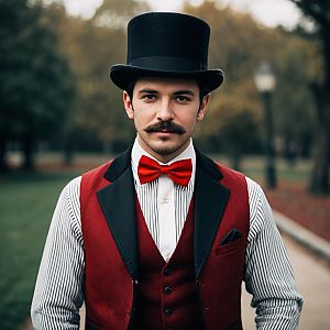 Stylish man in vintage outfit with top hat and bow tie in park