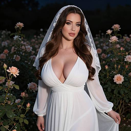 Elegant Woman in White Dress and Lace Veil in Rose Garden at Twilight