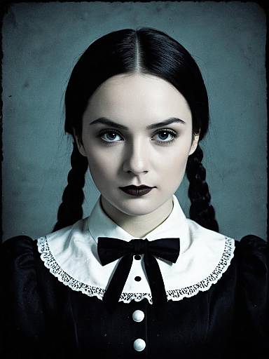 Woman in Wednesday Addams Costume Photorealistic Gothic Cosplay Portrait