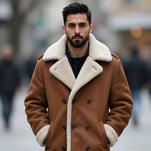 Man Wearing Brown Shearling Coat in Urban Setting
