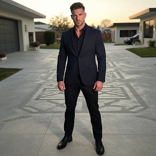 Confident Man in Black Suit Standing in Modern Driveway