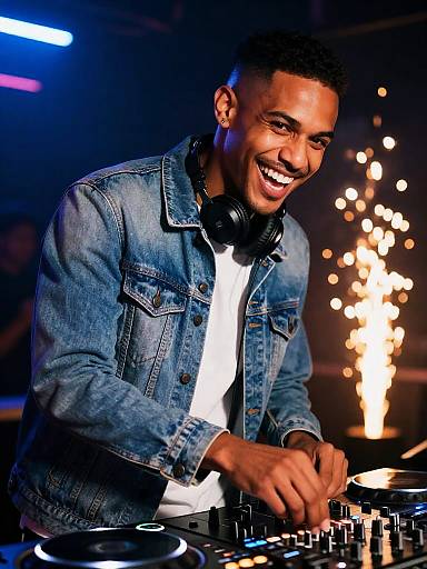 Young Male DJ Mixing Tracks in Stylish Denim Jacket at Nightclub