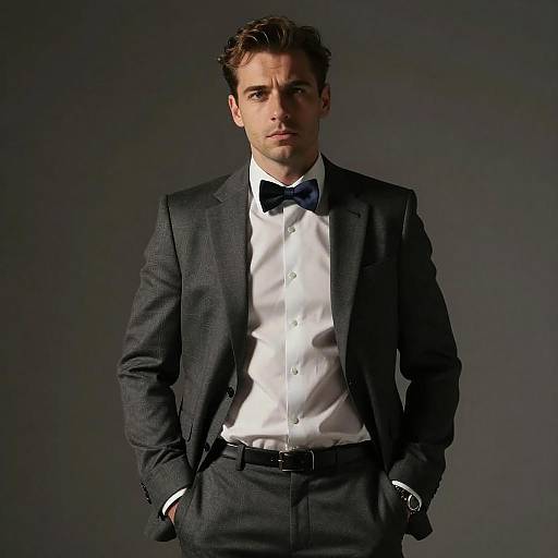 Young Man in Dark Gray Suit and Black Bow Tie Formal Portrait