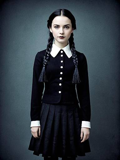 Woman in Wednesday Addams Costume Full Body Cosplay Photo with Braided Hair
