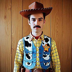 Man in Toy Cowboy Sheriff Costume with Brown Hat and Blue Vest