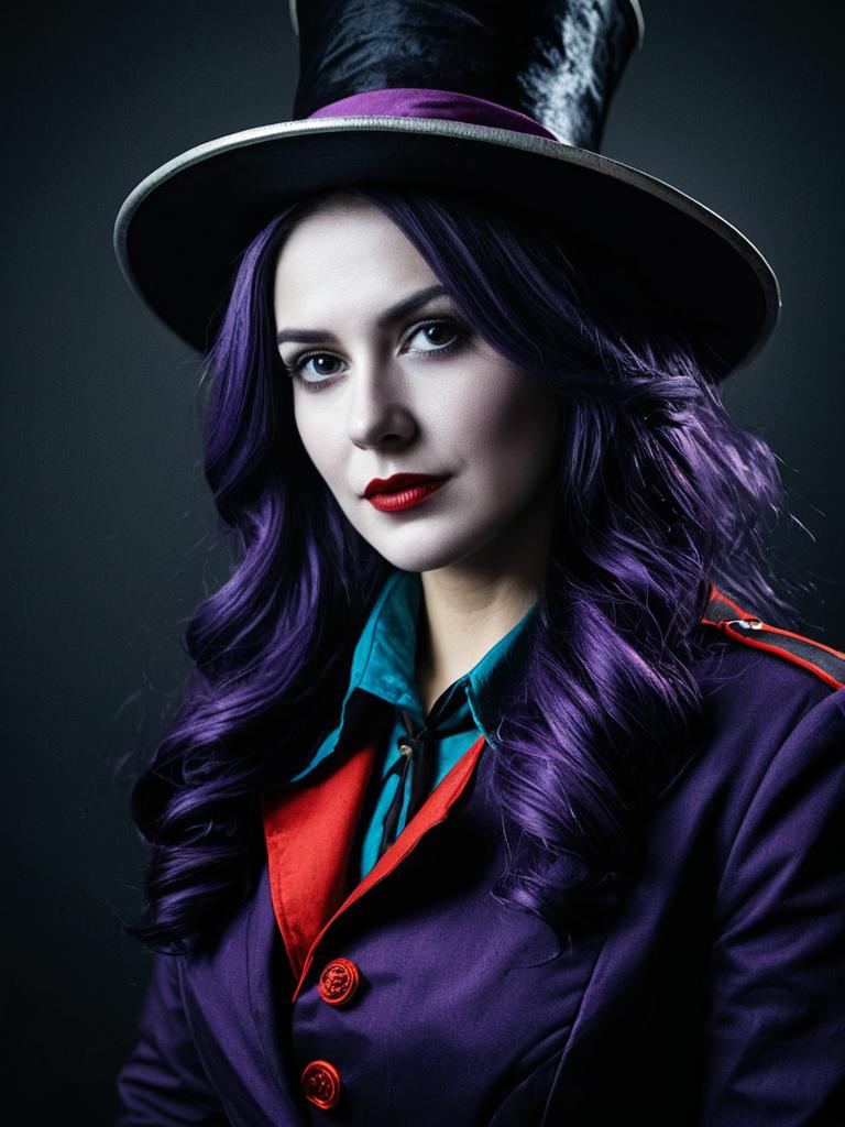 Photorealistic Studio Portrait of Woman in Facialier Cosplay with Purple Hair