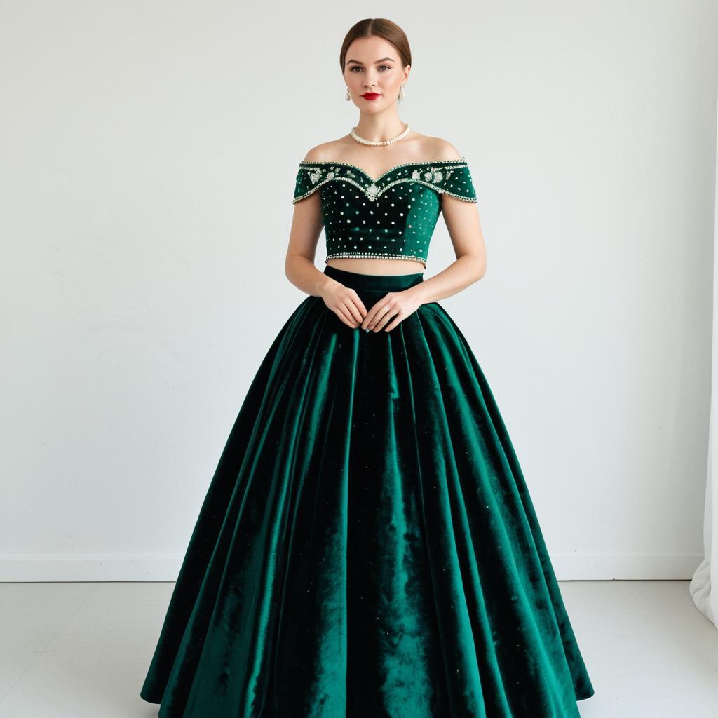 Emerald Green Velvet Off-Shoulder Ball Gown with Pearl Embellishments