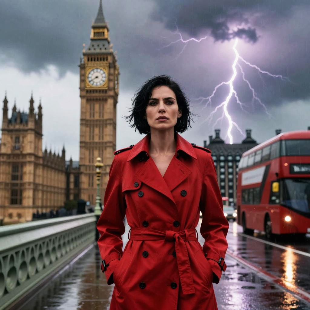 Woman in Red Trench Coat with Lightning Storm at Big Ben London Street