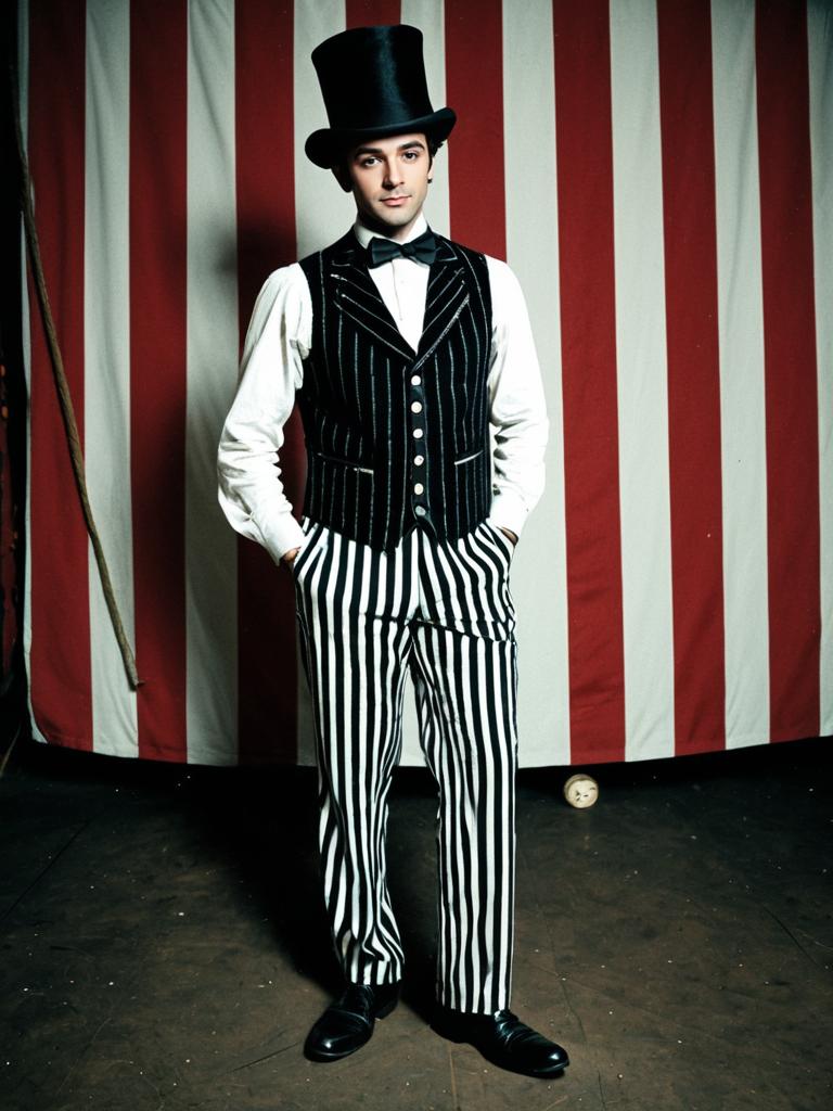 Man in Classic Circus Party Costume with Top Hat and Striped Pants