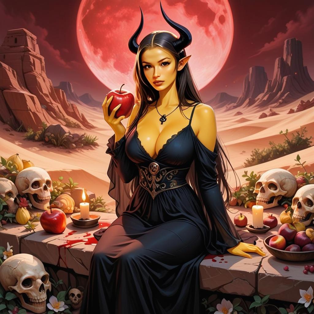 Fantasy Woman with Horns in Desert under Red Moon