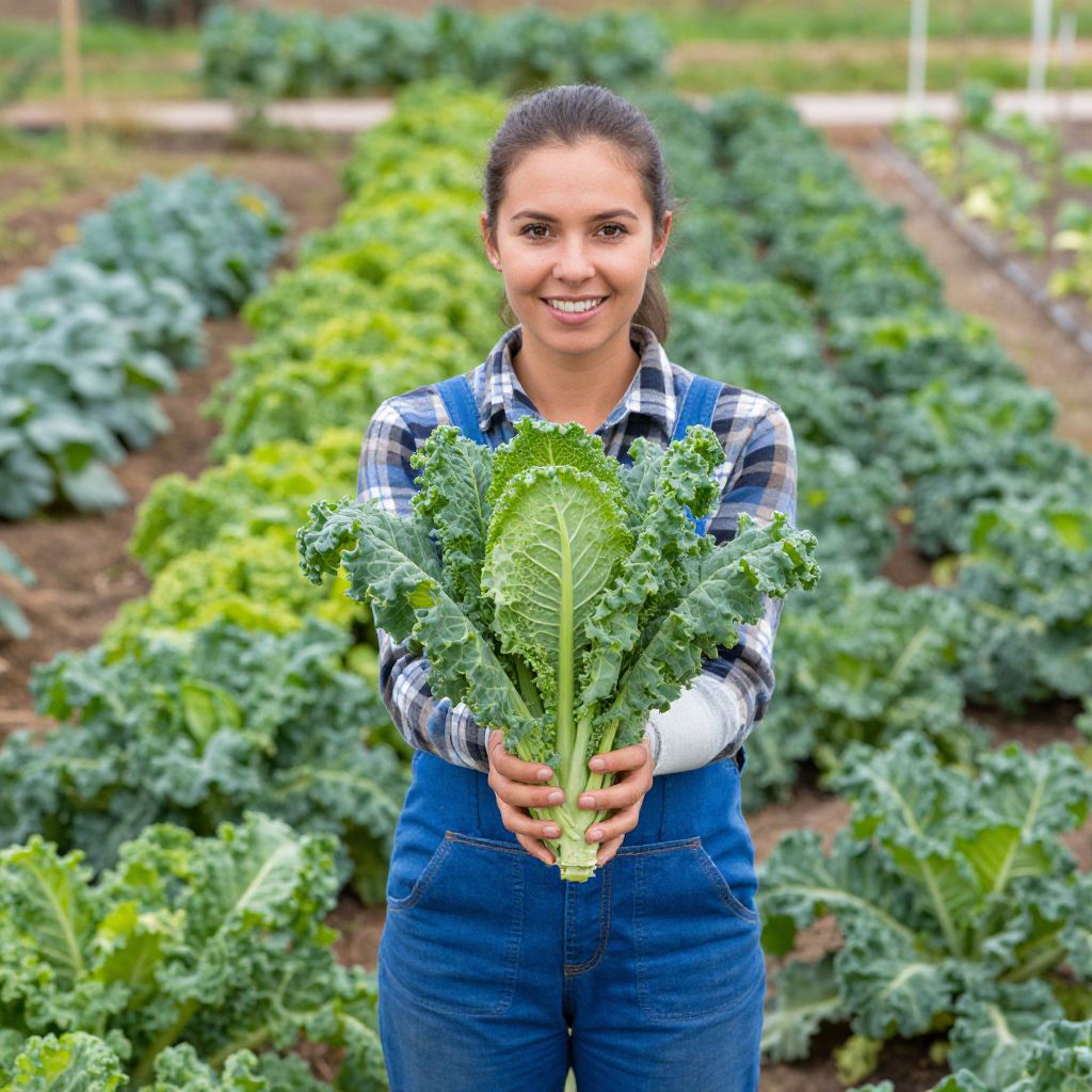 Woman Holding Fresh Kale in Vegetable Garden