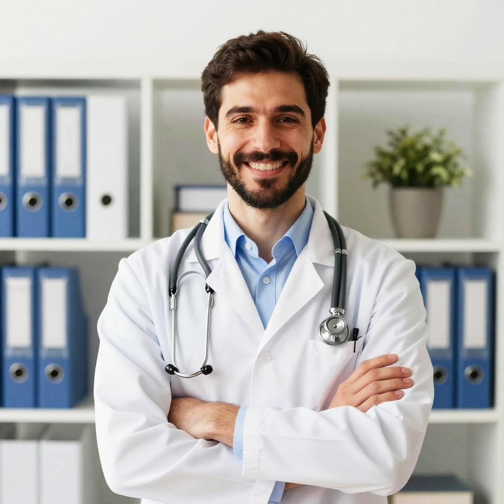 Confident Male Doctor in Lab Coat with Stethoscope in Medical Office
