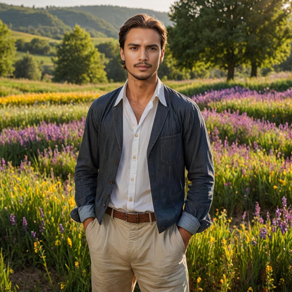 Confident Man in Blooming Flower Field