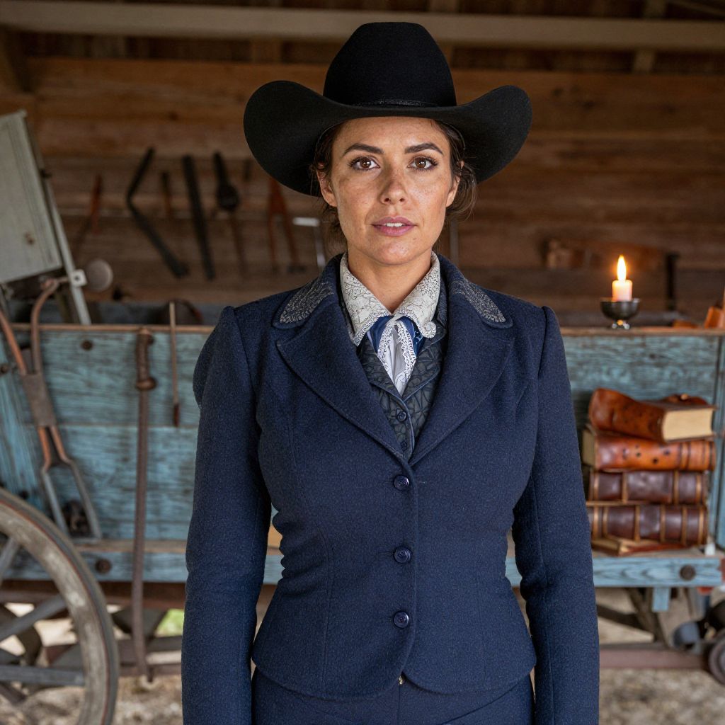 Vintage Western Woman in Cowboy Hat and Tailored Jacket in Rustic Wagon Setting