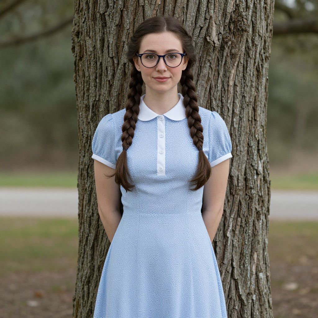 Young Woman in Vintage Blue Dress Standing by Tree Outdoors