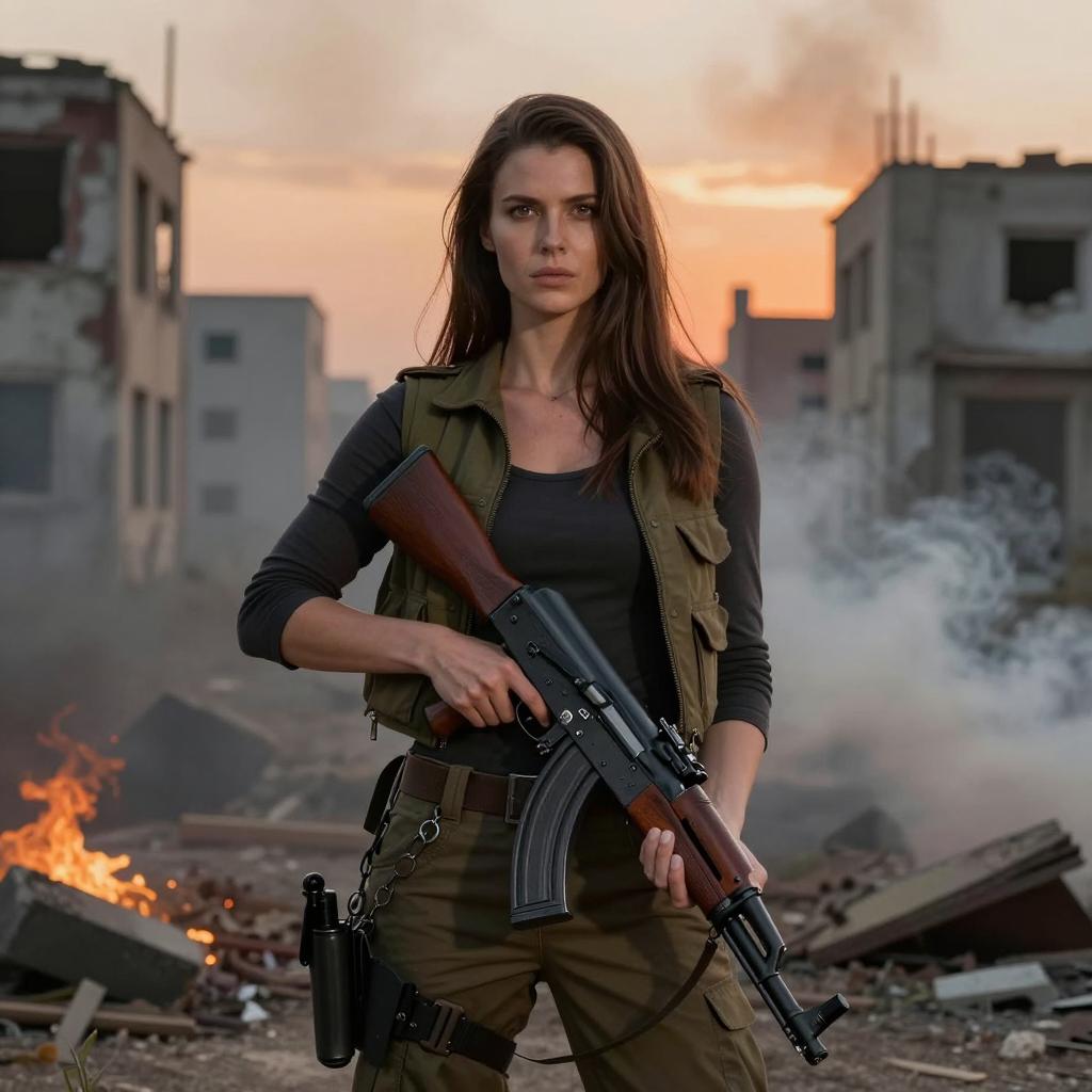 Woman Soldier Holding Rifle in War-Torn Urban Setting at Sunset