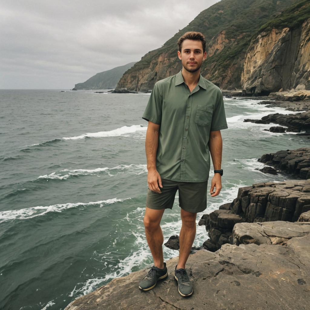 Confident Man on Rocky Coastline