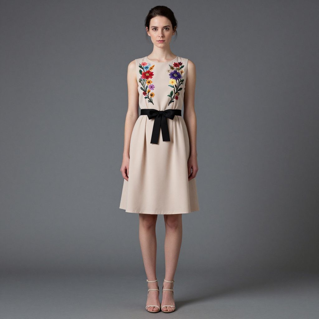 Elegant Beige Dress with Floral Embroidery and Black Bow on Woman