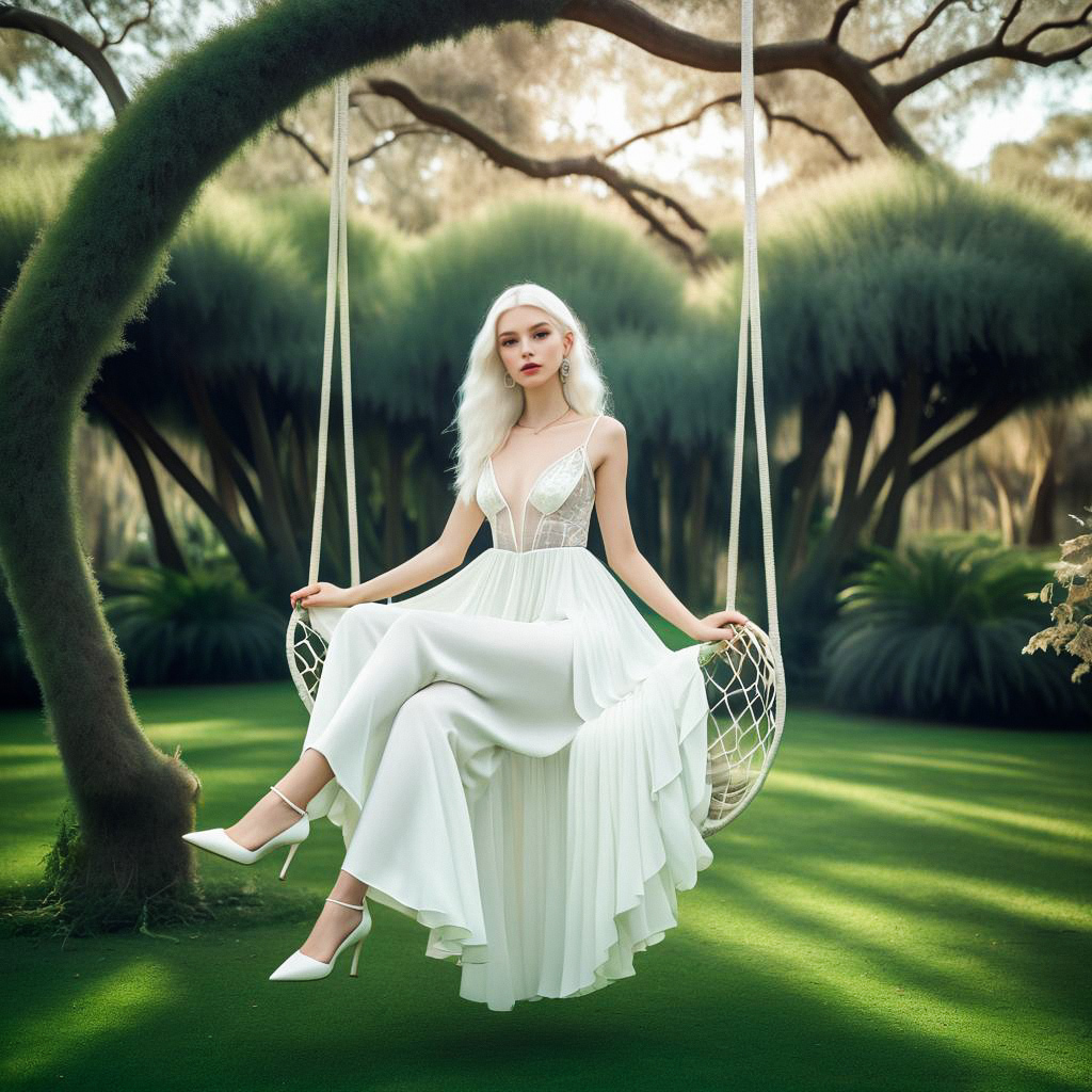 Elegant Woman on Swing in Lush Garden Elegant Woman on Swing in Lush Garden