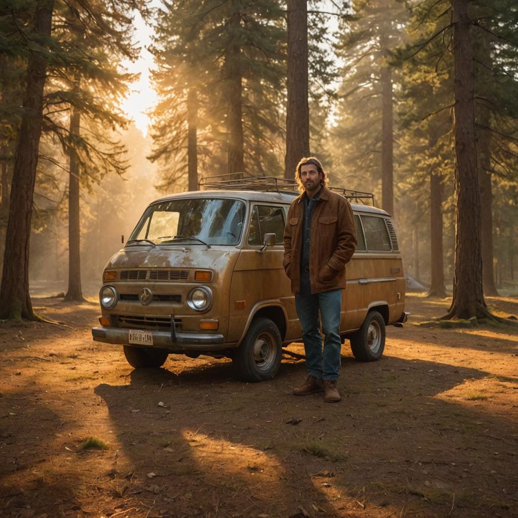 Man by Classic Van in Sunset Forest