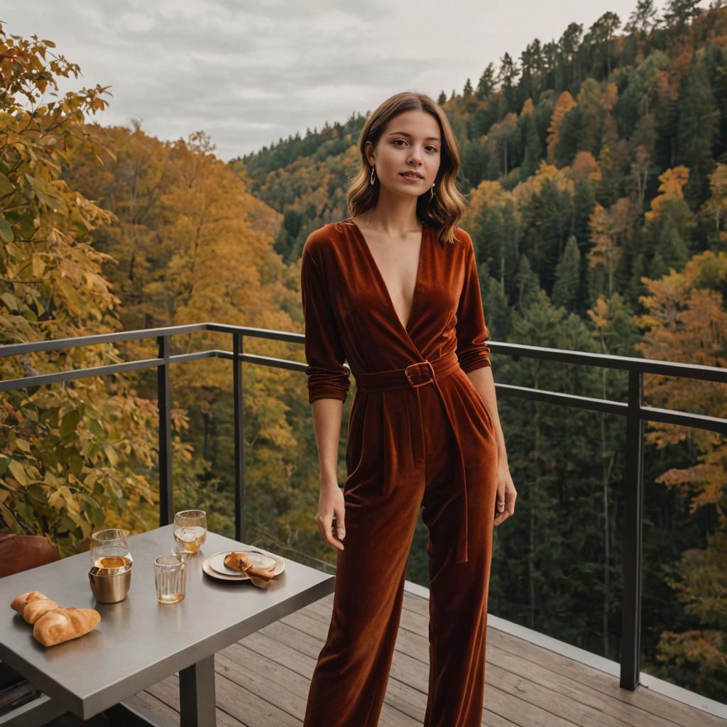 Elegant Woman in Autumn Jumpsuit on Balcony