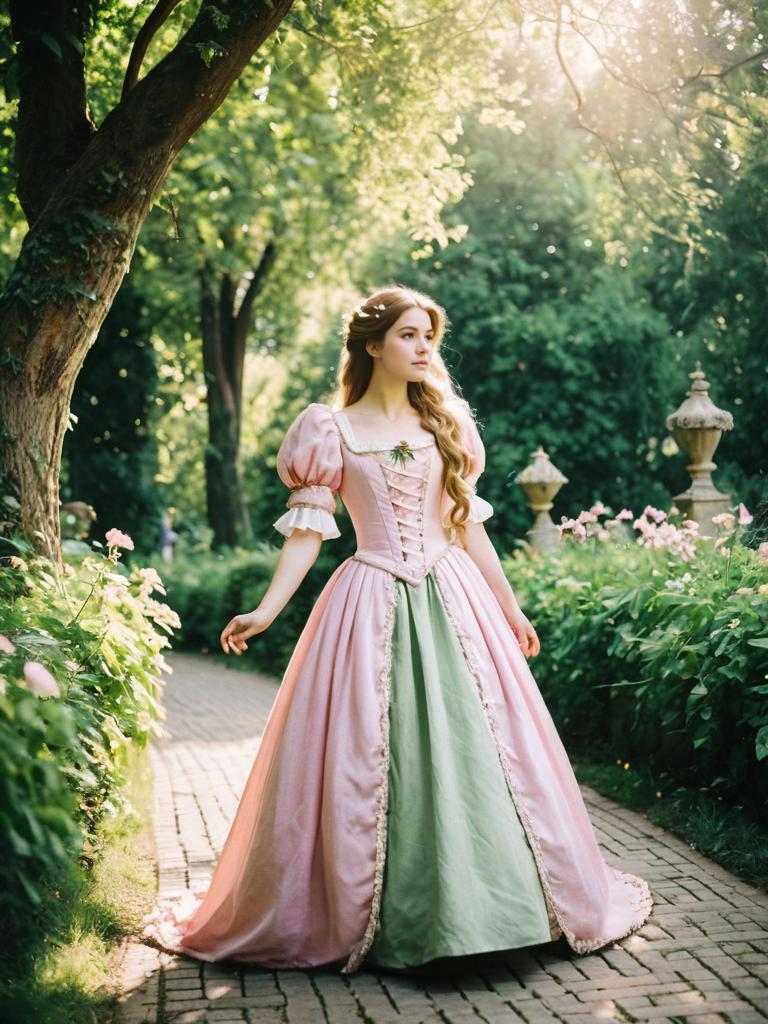 Elegant Woman in Vintage Gown on Garden Path