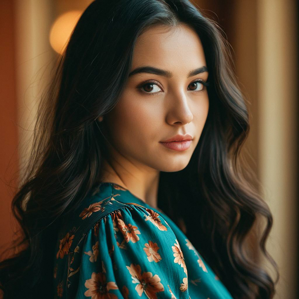 Young Woman in Teal Blouse with Floral Pattern Young Woman in Teal Blouse with Floral Pattern