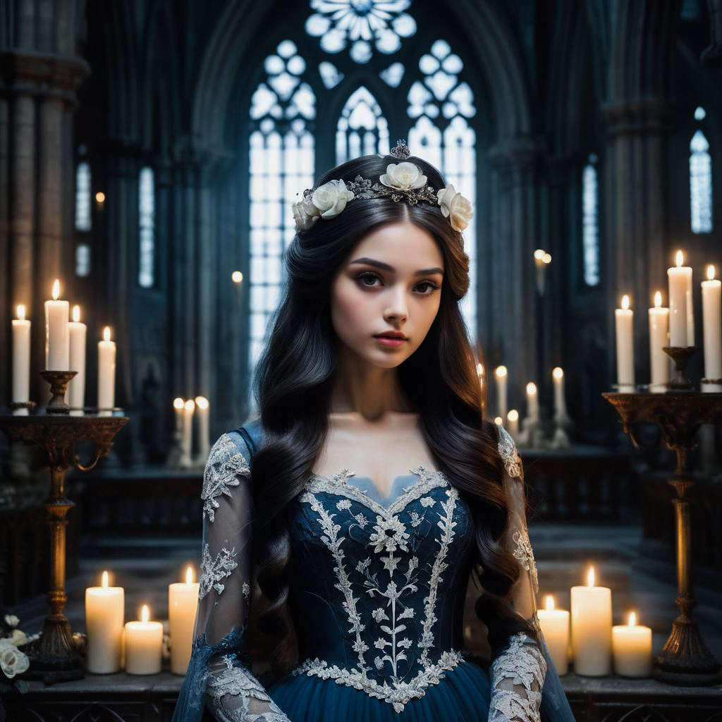 Young Woman in Vintage Gown at Gothic Cathedral Young Woman in Vintage Gown at Gothic Cathedral