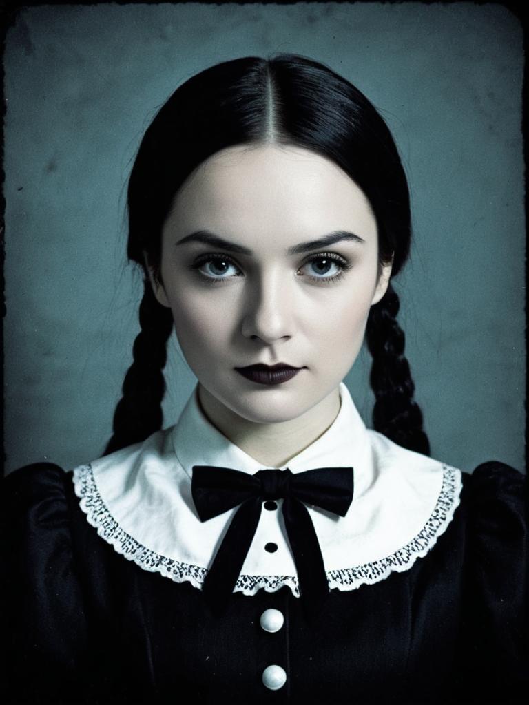 Woman in Wednesday Addams Costume Photorealistic Gothic Cosplay Portrait