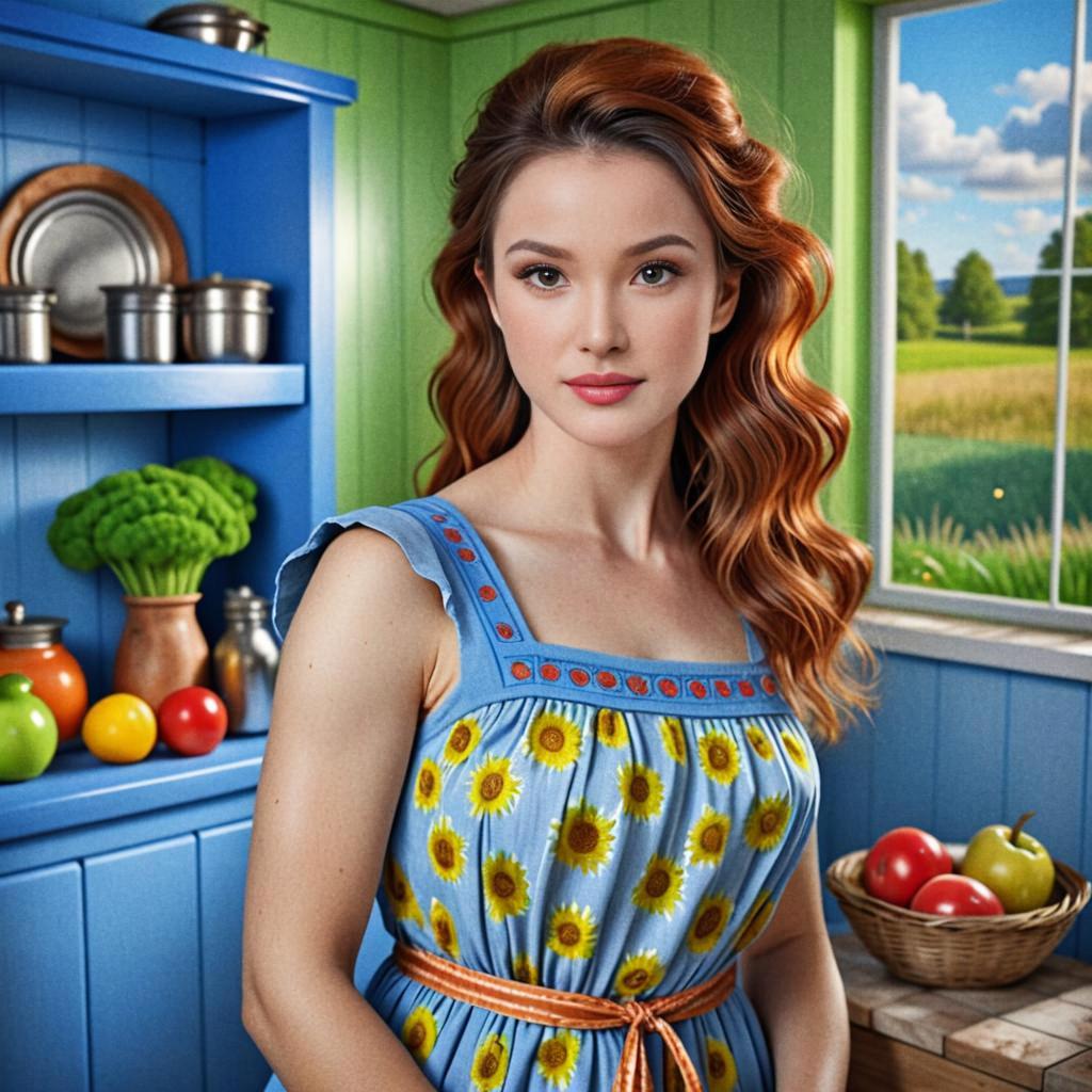 Woman in Sunflower Dress in Colorful Kitchen