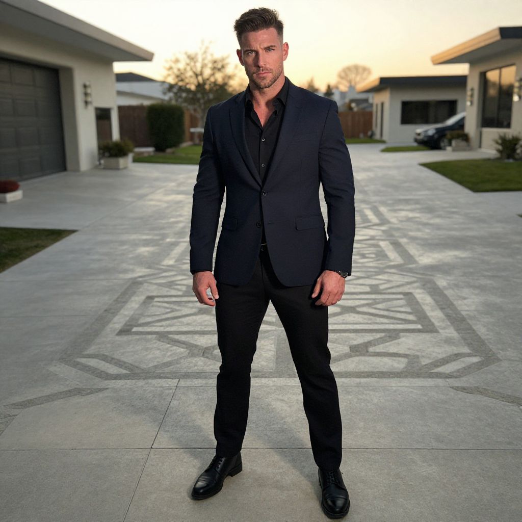 Confident Man in Black Suit Standing in Modern Driveway