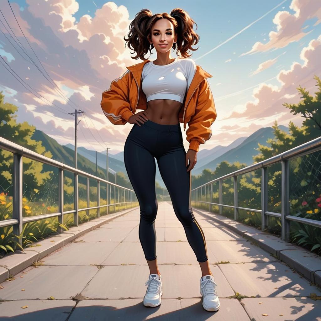 Athletic Woman Standing on Mountain Pathway in Anime Style