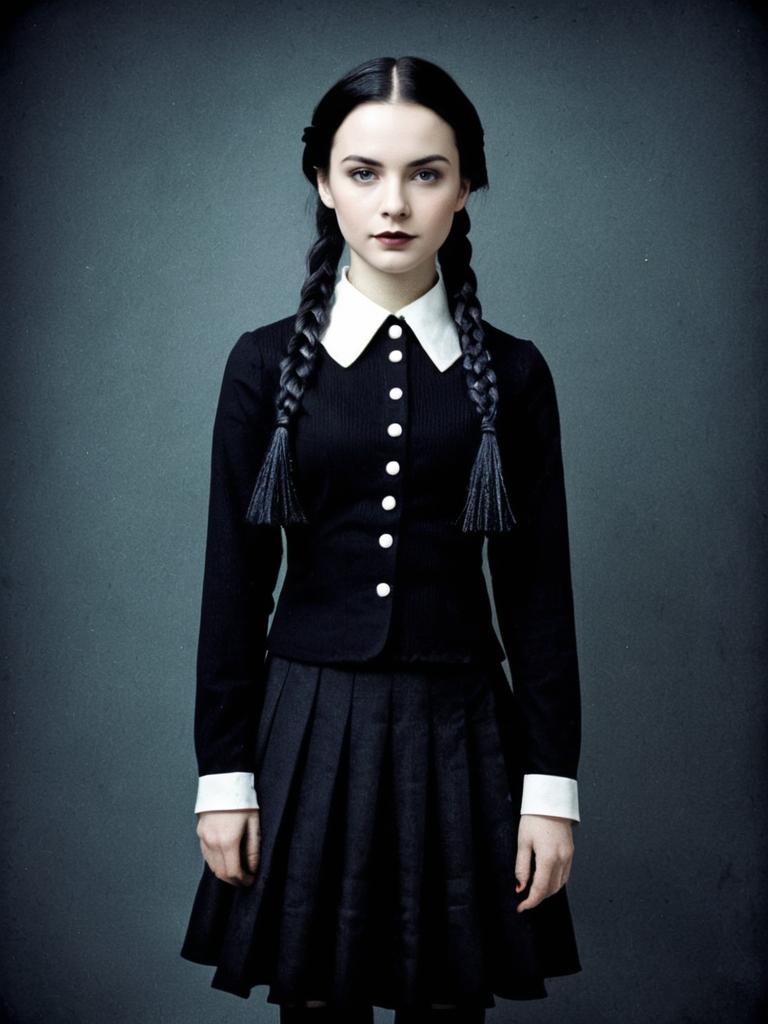 Woman in Wednesday Addams Costume Full Body Cosplay Photo with Braided Hair