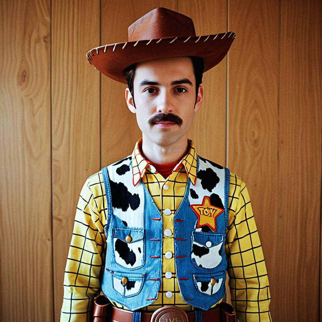 Man in Toy Cowboy Sheriff Costume with Brown Hat and Blue Vest