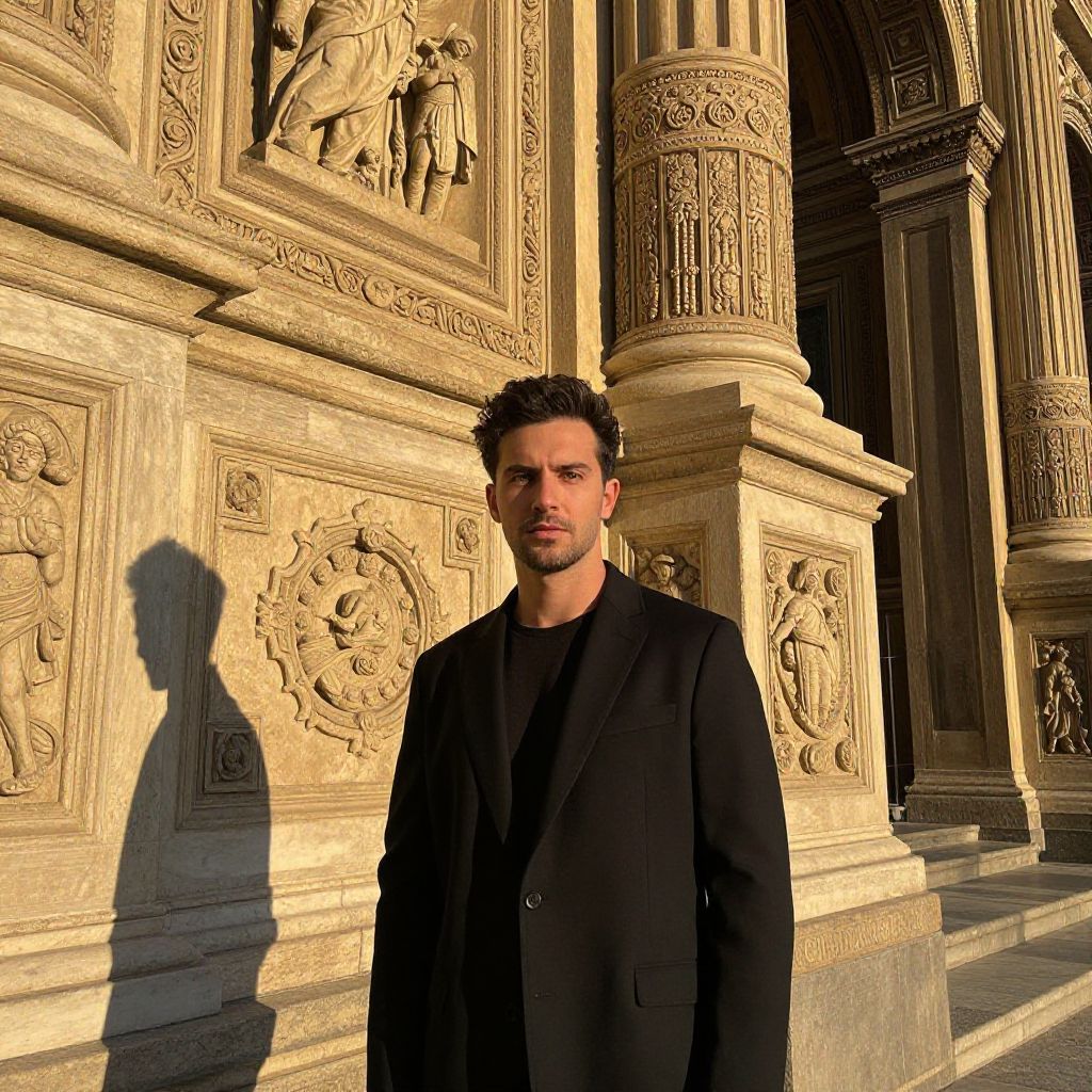 Young Man in Black Suit Posing by Ornate Renaissance Architecture
